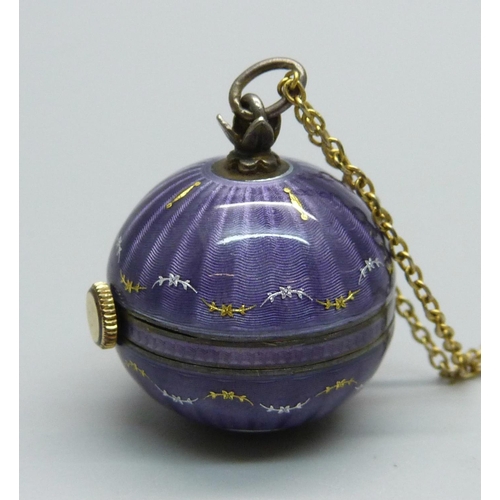 957 - A purple guilloche enamelled pendant watch and chain