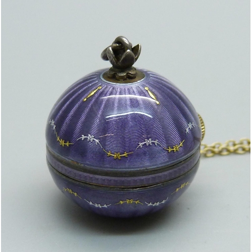 957 - A purple guilloche enamelled pendant watch and chain