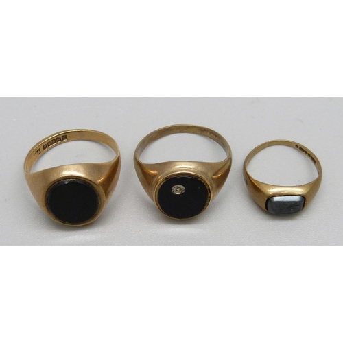 964 - Three 9ct gold rings, 8.5g, 2x Q and H