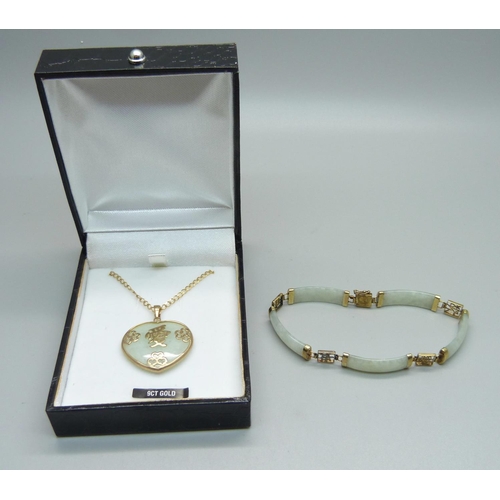 967 - A 9ct gold mounted pendant with chain and a similar bracelet