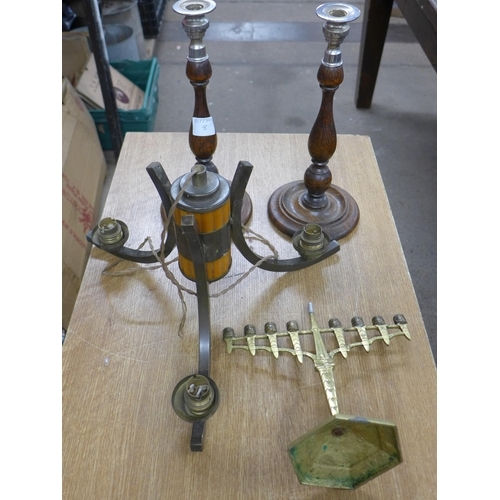 2390 - Candlesticks & brass light fitting