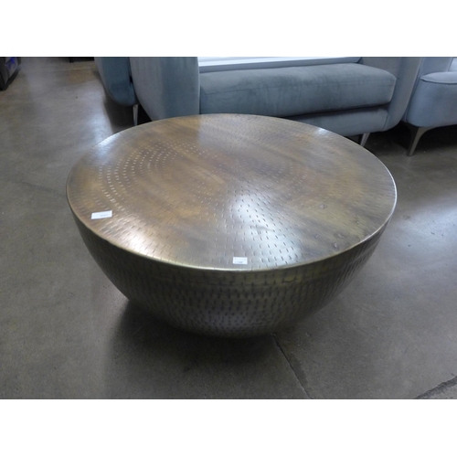 1309 - A gold metal circular drum coffee table - damaged* this lot is subject to VAT