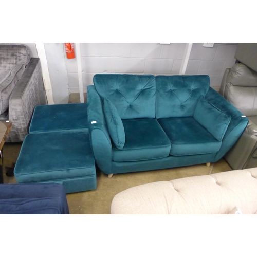 1418 - A Hoxton teal velvet button backed two seater sofa and a pair of footstools