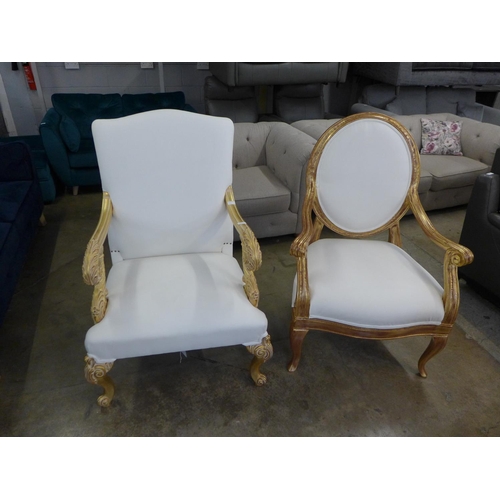 1443 - A pair of gold painted and white leather effect King and Queen chairs