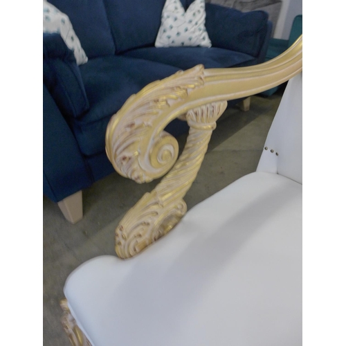 1443 - A pair of gold painted and white leather effect King and Queen chairs