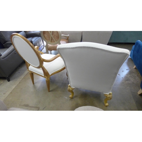 1443 - A pair of gold painted and white leather effect King and Queen chairs