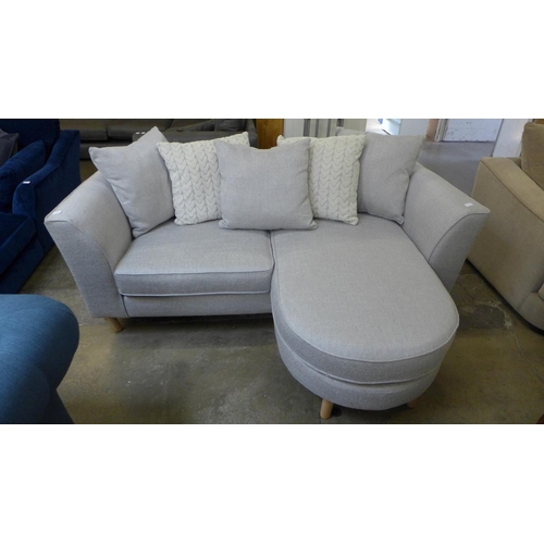 1506 - A grey textured weave upholstered three seater, RHF/LHF sofa/chaise with patterned scatter cushions