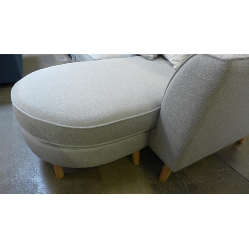 1506 - A grey textured weave upholstered three seater, RHF/LHF sofa/chaise with patterned scatter cushions