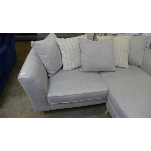 1506 - A grey textured weave upholstered three seater, RHF/LHF sofa/chaise with patterned scatter cushions