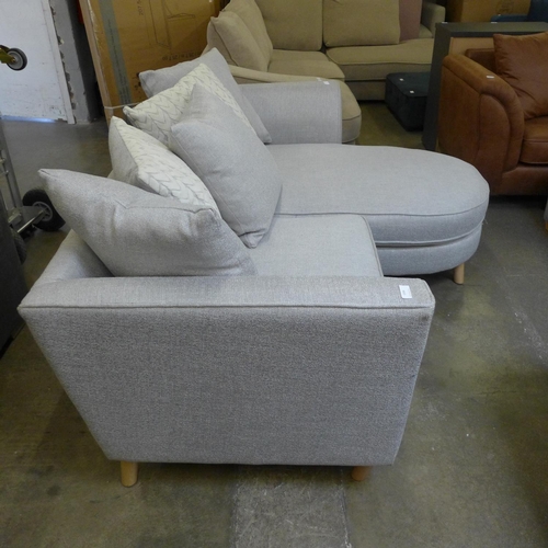 1506 - A grey textured weave upholstered three seater, RHF/LHF sofa/chaise with patterned scatter cushions