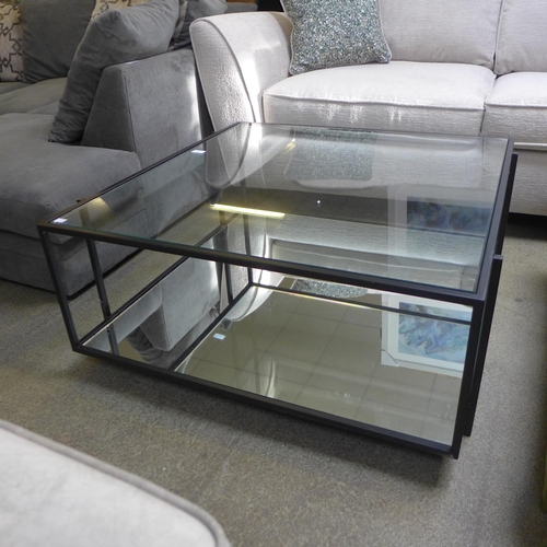 1567 - A black metal, mirrored and glass large square coffee table