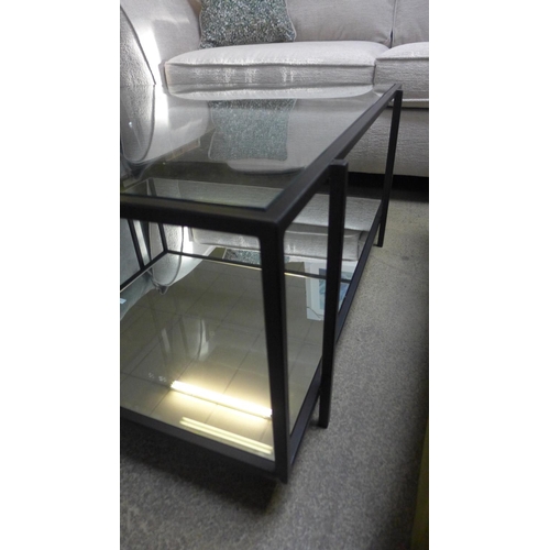 1567 - A black metal, mirrored and glass large square coffee table