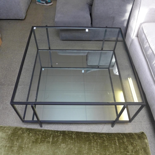 1567 - A black metal, mirrored and glass large square coffee table