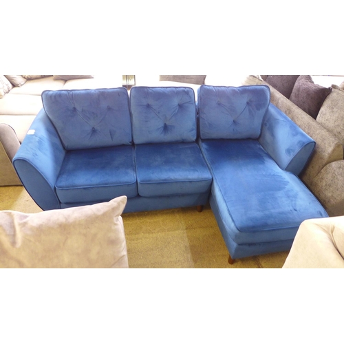 1577 - A blue velvet upholstered Hoxton three seater RHF corner sofa/chaise