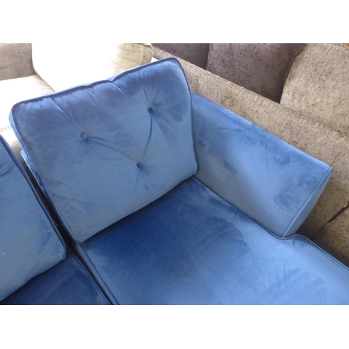 1577 - A blue velvet upholstered Hoxton three seater RHF corner sofa/chaise