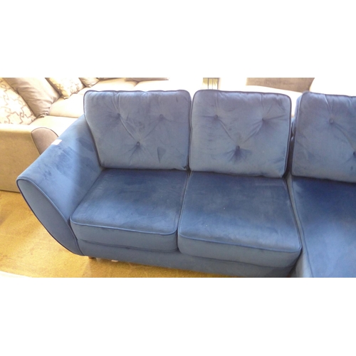 1577 - A blue velvet upholstered Hoxton three seater RHF corner sofa/chaise