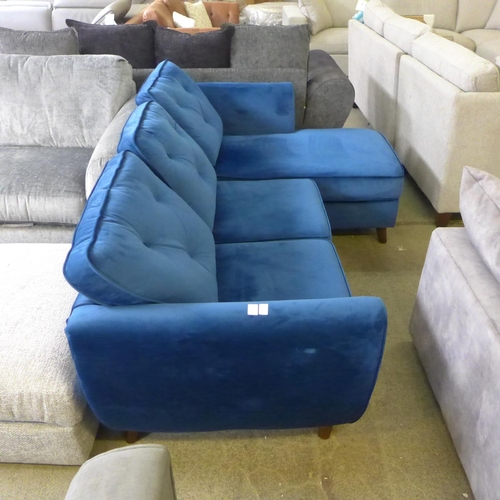 1577 - A blue velvet upholstered Hoxton three seater RHF corner sofa/chaise