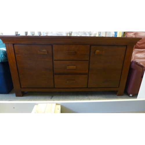 1612 - A hardwood three drawer, two door sideboard - marked