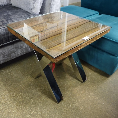 1426 - An Orissa railway sleeper and chrome glass top side table * this lot is subject to VAT