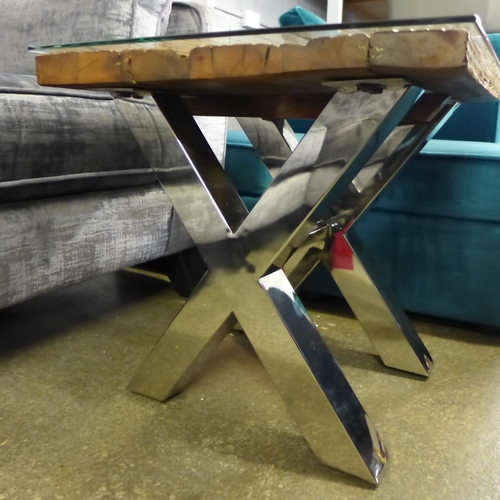 1426 - An Orissa railway sleeper and chrome glass top side table * this lot is subject to VAT