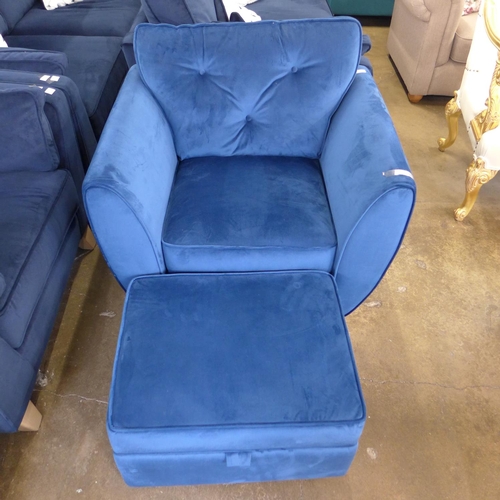 1436 - A Hoxton blue velvet armchair and ottoman footstool