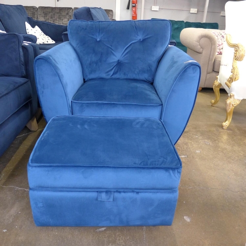 1436 - A Hoxton blue velvet armchair and ottoman footstool