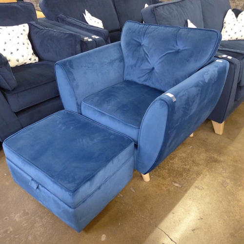 1436 - A Hoxton blue velvet armchair and ottoman footstool