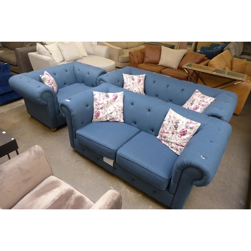 1492 - A navy blue textured weave Chesterfield style three seater sofa, two seater sofa and love seat with ... 