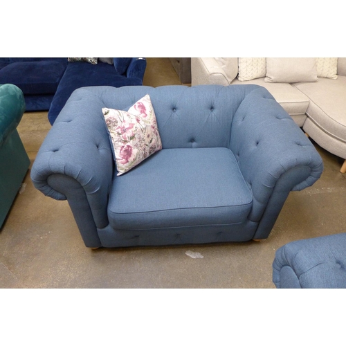 1492 - A navy blue textured weave Chesterfield style three seater sofa, two seater sofa and love seat with ... 