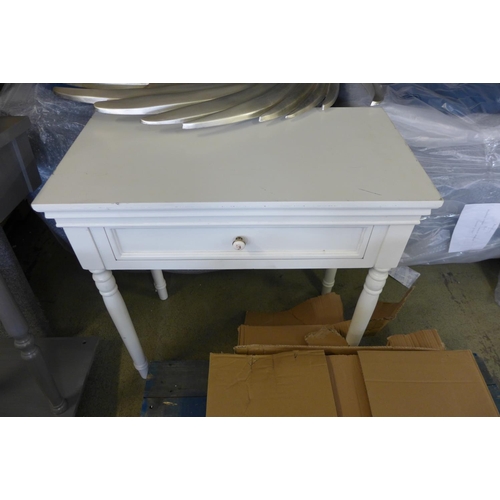 1548 - A miscellaneous lot of a white side table, silver swivel mirror, metal shelf unit and a grey three d... 