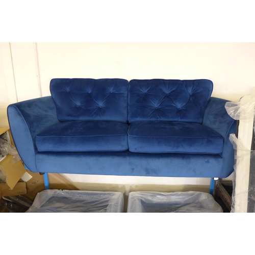 1549 - A Hoxton blue velvet three seater sofa and pair of armchairs