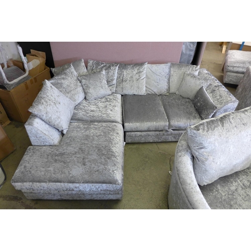 1585 - A silver crushed velvet LHF corner sofa/chaise