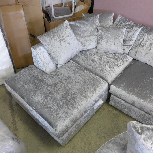 1585 - A silver crushed velvet LHF corner sofa/chaise