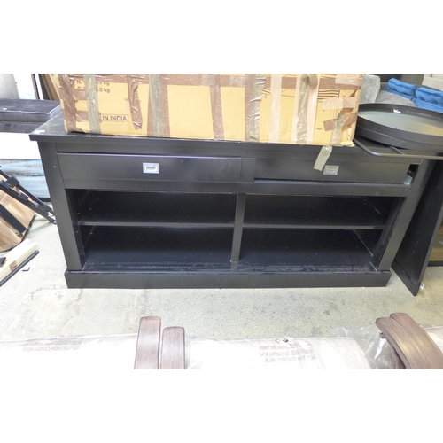 1596 - A black painted extra large two drawer sideboard with sliding doors and metal coffee table - damaged... 