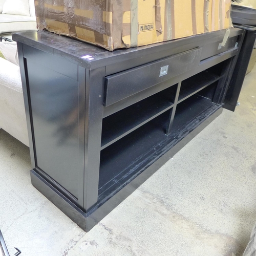 1596 - A black painted extra large two drawer sideboard with sliding doors and metal coffee table - damaged... 