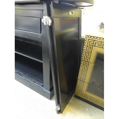 1596 - A black painted extra large two drawer sideboard with sliding doors and metal coffee table - damaged... 