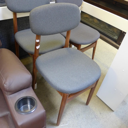 1644 - A set of three dark stained oak and grey upholstered side chairs * this lot is subject to VAT