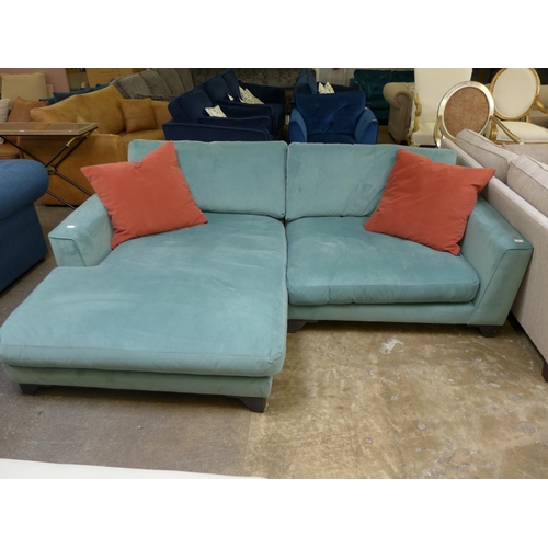 1450 - A teal velvet upholstered 4.5 seater LHF sofa/chaise with terracotta scatter cushions