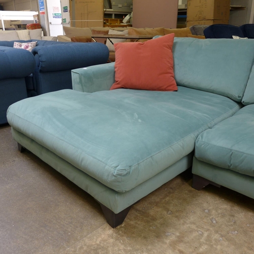 1450 - A teal velvet upholstered 4.5 seater LHF sofa/chaise with terracotta scatter cushions