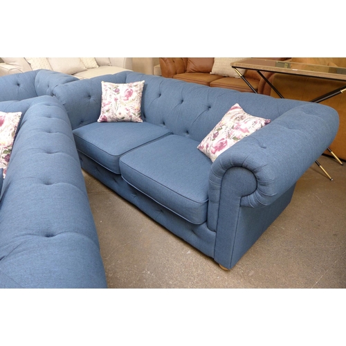 1492 - A navy blue textured weave Chesterfield style three seater sofa, two seater sofa and love seat with ... 