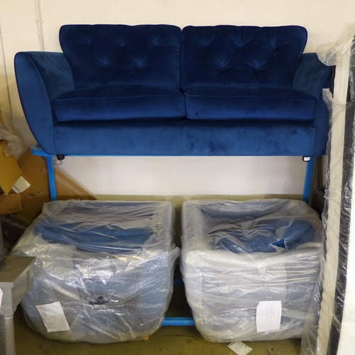 1549 - A Hoxton blue velvet three seater sofa and pair of armchairs