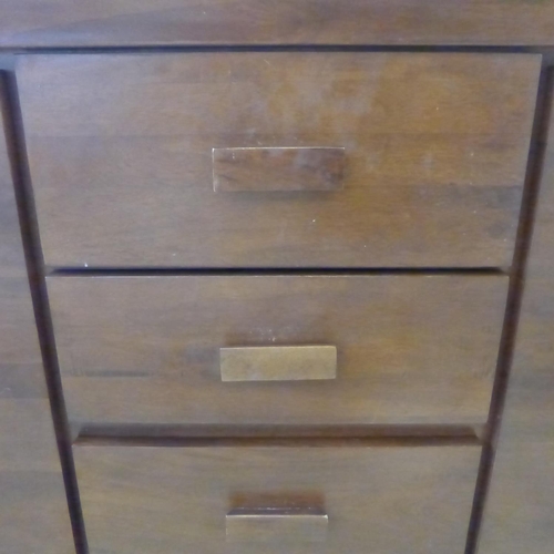 1612 - A hardwood three drawer, two door sideboard - marked