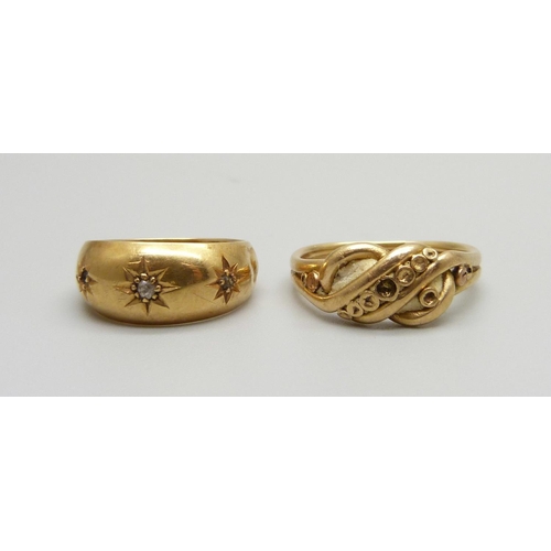 1023 - Two 18ct gold rings, one with missing stone, the other shank a/f and missing stone, 6.3g