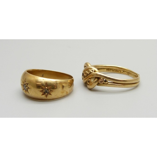 1023 - Two 18ct gold rings, one with missing stone, the other shank a/f and missing stone, 6.3g