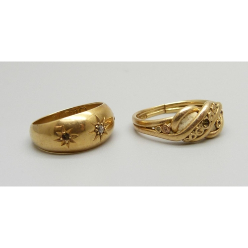 1023 - Two 18ct gold rings, one with missing stone, the other shank a/f and missing stone, 6.3g