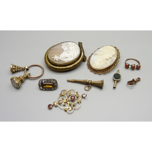 1033 - An Edwardian pendant, the ring marked 9ct, a Georgian brooch, a coral set ring, a/f, two fobs, two c... 