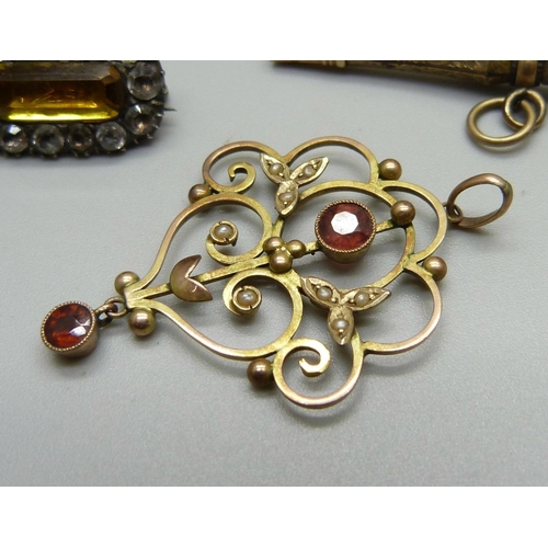 1033 - An Edwardian pendant, the ring marked 9ct, a Georgian brooch, a coral set ring, a/f, two fobs, two c... 