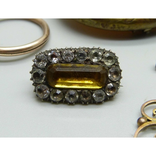 1033 - An Edwardian pendant, the ring marked 9ct, a Georgian brooch, a coral set ring, a/f, two fobs, two c... 