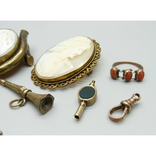 1033 - An Edwardian pendant, the ring marked 9ct, a Georgian brooch, a coral set ring, a/f, two fobs, two c... 