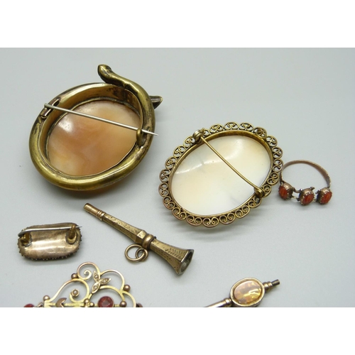 1033 - An Edwardian pendant, the ring marked 9ct, a Georgian brooch, a coral set ring, a/f, two fobs, two c... 